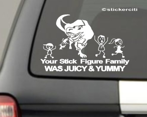 T-Rex Eating Stick Figure Family Your Was Delicious Juicy Yummy Funny Sticker Vinyl Decal (FREE Zombie Hunter Permit Decal)