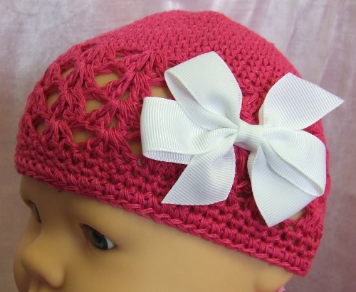 3″ Simple Bow Crochet Baby Hat (Newborn – 9 Months, Hot Pink Hat/White Bow)