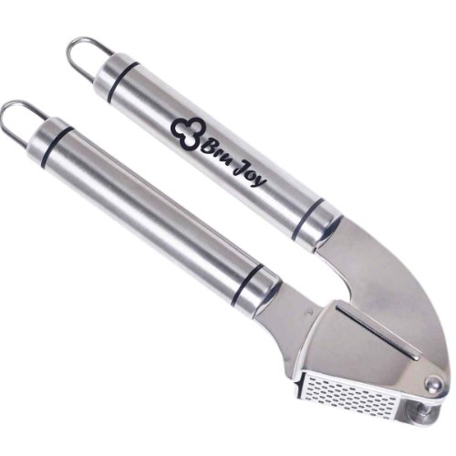 Garlic Press Stainless Steel – Crusher Mincer Best for Even Unpeeled Cloves and Ginger – Top Quality – Professional Grade – Scientifically-designed Easy-squeeze – 8 Inch – Large Capacity Garlic Chamber Flicks Open for Easy Cleaning – Dishwasher-safe – Easy Grips – Hanging Rings for Storage – Heavy Duty – Made to Last – Must-have Kitchen Aid – Perfect Bridal Shower Wedding Gift – No More Smelly Hands – FREE SHIPPING – Life Time Warranty by Bru Joy