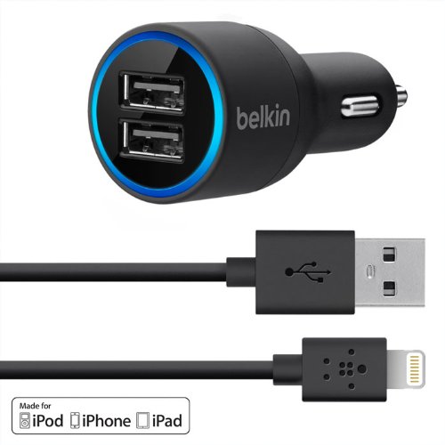 Belkin 2-Port Car Charger with Lightning to USB Cable for iPhone 5 / 5S, iPod touch, iPod nano, iPad and iPad mini, 2.1 AMP (Black)