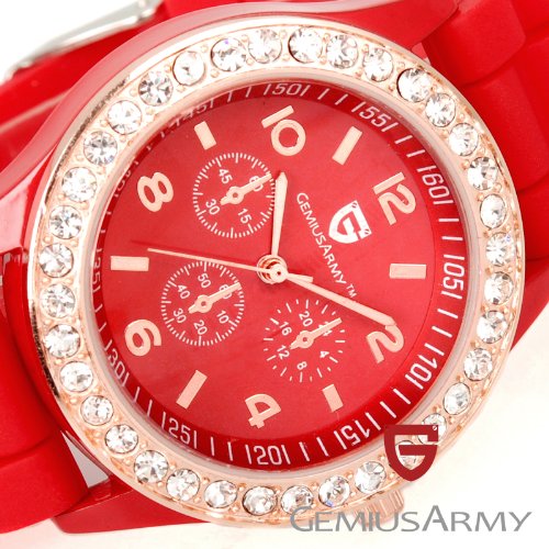 Rosegold Joyful Red Fashion Lady Girl Crystal Gemstone Silicone GEMIUS ARMY Sport Watch Hour in Box