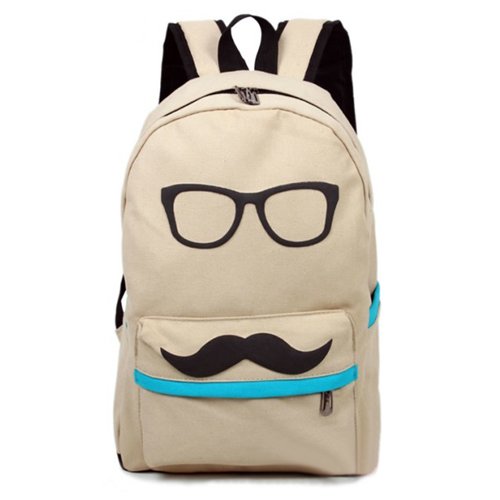 Fashion Cute Funny Beige Canvas Mustache With Glasses School Campus Bag Backpack Book