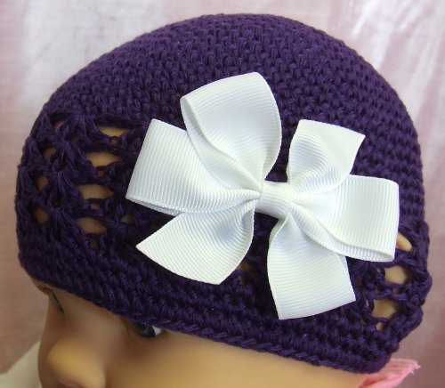 3″ Simple Bow Crochet Baby Hat (Newborn – 9 Months, Purple Hat/White Bow)