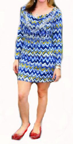 Joyous and Free Blue Chevron Zig-zag Print Tunic/dress with Fringe and Sequin Detail Around Collar (Medium)