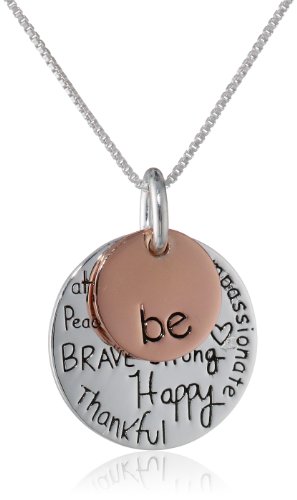 Two-Tone Sterling Silver with Rose Gold Flashed “Be Kind Free True Brave Strong Happy Thankful Compassionate” Two Charm Graffiti Necklace, 18″