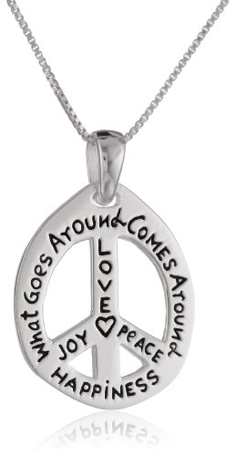 Sterling Silver “What Goes Around Comes Around, Love, Joy, Peace, Happiness” Peace-Sign Pendant Necklace , 18″ Sterling Silver “What Goes Around Comes Around, Love, Joy, Peace, Happiness” Peace-Sign Pendant Necklace , 18″
