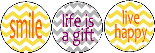 Set of 3 Chevron Print Inspirational Life Quotes Happiness 1.25″ Magnets (smile / life is a gift / live happy)