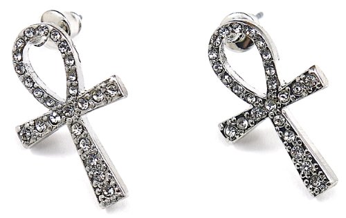 Ankh Earrings Iced Out Silver Color Post Style Positive Spirit Magic Power Circle Egyptian Positive Power Of Joyous Life