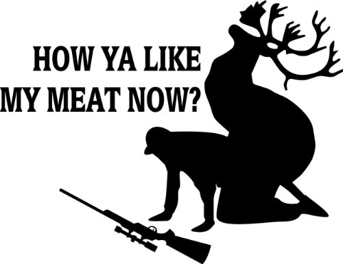 How Ya Like My Meat Now ? Lettering With FUNNY Deer Image Animal Hunting Hunter Man With Gun picture Art – Boys Kids Bed Room Sports Hobbies – Design With Vinyl Wall Decal Sticker – DISCOUNTED SALE ITEM 24 Colors Available 8×12