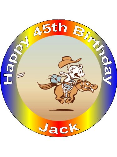 7.5″ Funny Cowboy Edible Image Cake Toppers Personalized and Decorated on Wafer Rice Paper – [Please use the 'Contact Seller' link to send us your personalized message for your topper.]
