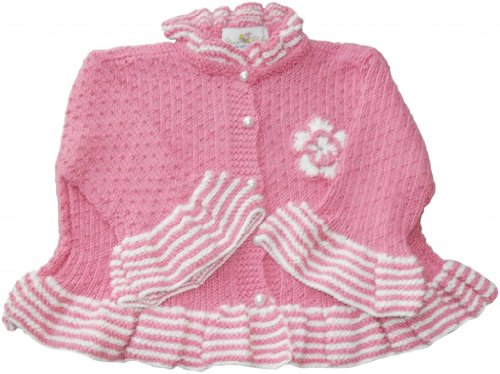 JuneBee Baby, Inc. Little Joyous Ruffles Cotton & Bamboo Knit Baby Cardigan – Pink with White trim – 12-18M
