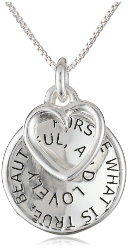 Sterling Silver “Pursue What Is True, Beautiful, and Lovely and Happiness Will Soon Follow” Two Reversible Charm Pendant Necklace , 18″