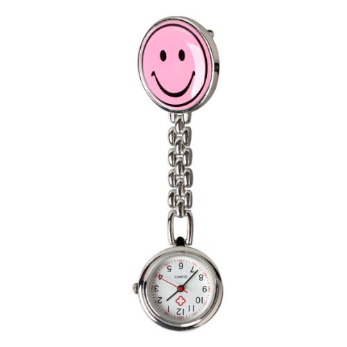 Vktech Smile Face Nurse Table Pocket Watch with Clip Brooch Chain Quartz Pink