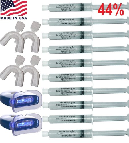 At Home Professional Teeth Whitening Kit 44% Carbamide Peroxide with 10 Large Syringes of Made in USA Gel 10 Pcs. 5cc Syringes, 4 Pcs. Thermoform Trays + 2 Pcs. Bonus White LED Light + Free Shade Guides + Instructions