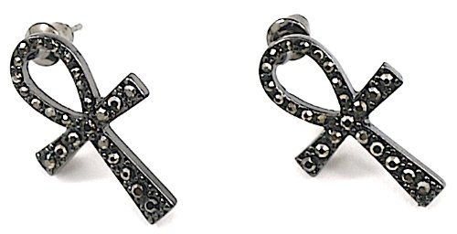 Ankh Earrings Iced Out Gun Metal Color Post Style Positive Spirit Magic Power Circle Egyptian Positive Power Of Joyous Life