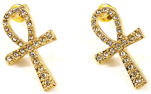 Ankh Earrings Iced Out Gold Color Post Style Positive Spirit Magic Power Circle Egyptian Positive Power Of Joyous Life