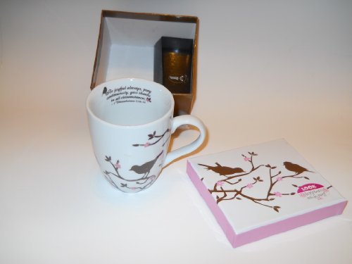 Beautiful Ceramic BIRD on branches Coffee MUG with SCRIPTURE – 1 Thessalonians 5:16-17 Be Joyful Always w/COLORFUL Matching GIFT BOX Cup/LATTE Tea