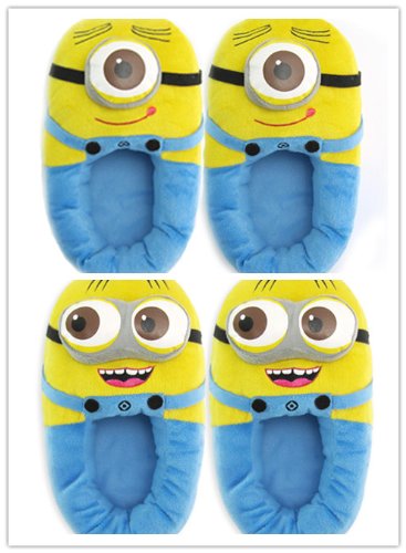 NEW 2 Pairs Despicable Me2 Plush Stuffed Slippers Soft Toy Minions 11″ Two-eyed Laughter and One-eyed Smile