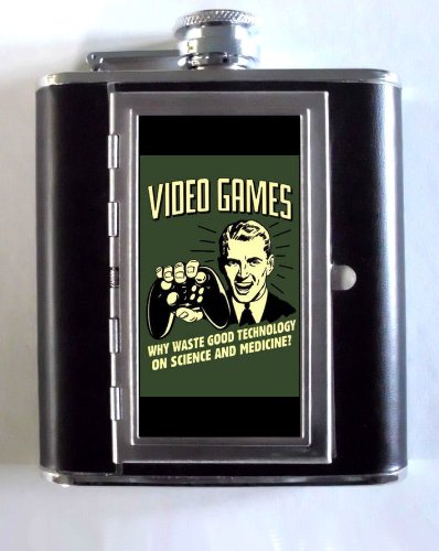 Video Games Funny Geeky Whiskey and Beverage Flask, ID Holder, Cigarette Case: Holds 5oz Great for the Sports Stadium!