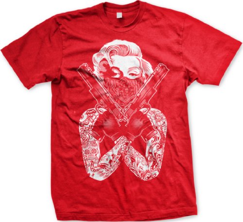 Gangster Marilyn Monroe Mens T-shirt, Marilyn Monroe With Tattoos and Guns Men’s Tee Shirt, Medium, Red