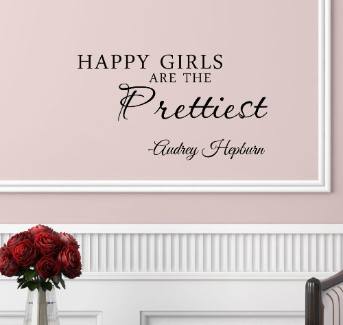 Newsee Decals #3 Happy girls are the prettiest. Audrey Hepburn. Vinyl wall art Inspirational quotes and saying home decor decal sticker