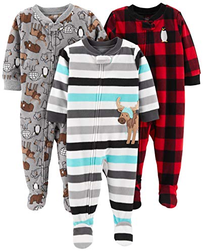 Simple Joys by Carter’s Boys’ 3-Pack Loose Fit Flame Resistant Fleece Footed Pajamas, Arctic Animals/Stripe Mouse/Buffalo Check, 12 Months