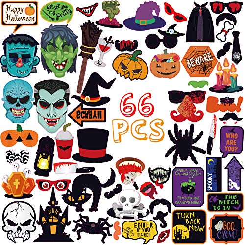 Halloween Party Photo Booth Props for Funny Terror Spooky Party Decoration,Halloween Photobooth Pose Sign Kit,Holiday Parties Supplies Pack,66pcs Cardboard Paper Printed with Sticks