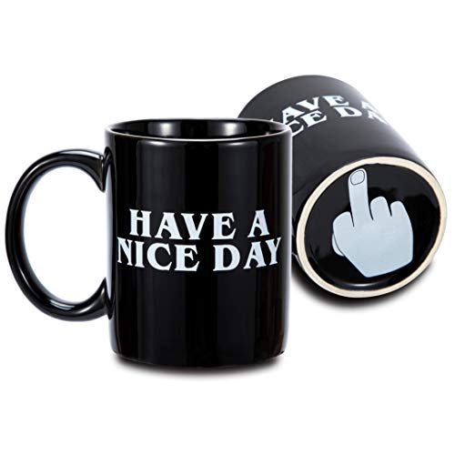 FLY SPRAY Coffee Mug Funny Cup Ceramic Have A Nice Day Middle Finger on the Bottom Porcelain Novelty Unique Creativity Drinks Cup For Juice Milk Or Tea 11 oz Black