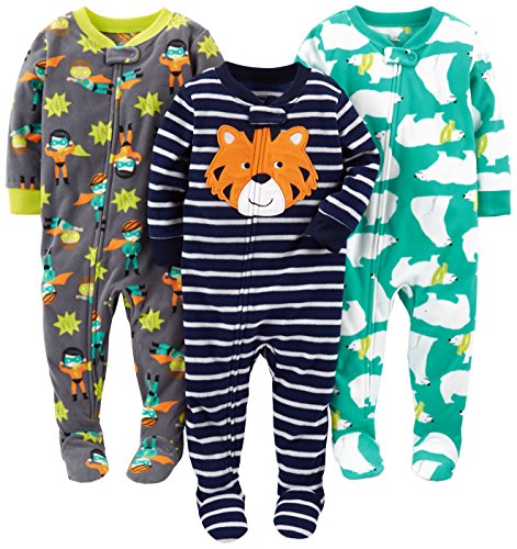Simple Joys by Carter’s Baby Boys’ 3-Pack Loose Fit Flame Resistant Fleece Footed Pajamas, Tiger/Polar Bear/Superhero, 12 Months