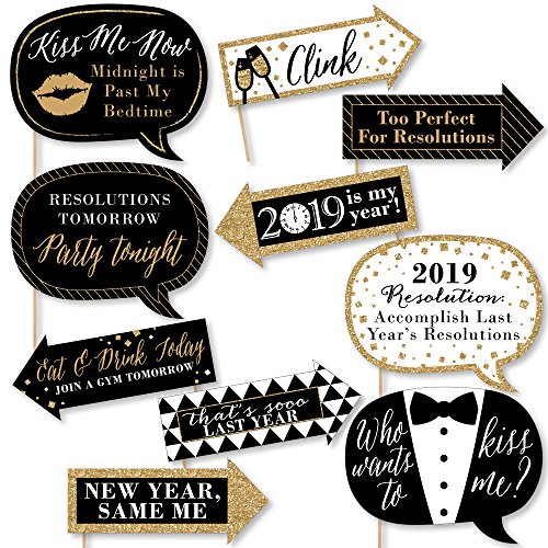 Big Dot of Happiness Funny New Year’s Eve – Gold – 2019 New Years Eve Party Decorations – Photo Booth Props Kit – 10 Piece