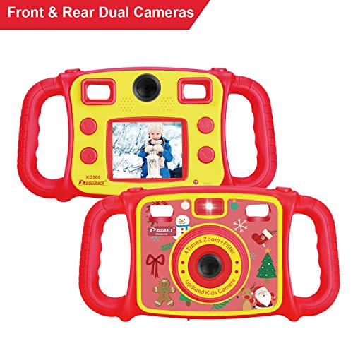 (Christmas Edtion)Prograce Kids Camera Dual Camera Selfie Digital Video Camera Camcorder for Boys Girls Christmas Gifts with 4X Digital Zoom, Flash Light and Funny Game