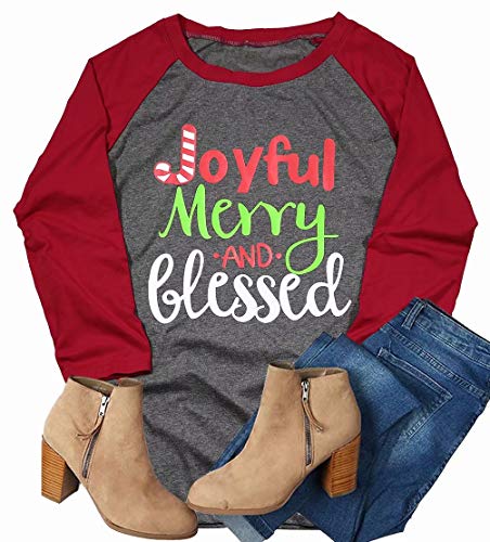Women Joyful Merry Bleseed Shirt Top Thanksgiving Christmas Holiday T-Shirt Size M (Red)