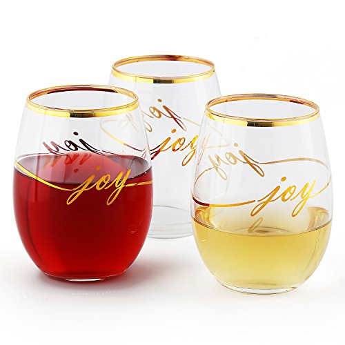 Luminarc Wine Glasses 17 Ounce Real Gold Rim Luxury Design With Real Gold “JOY” Wine Glass Cachet/Perfection Stemless Red Wine Glasses, (Real Gold Luxury JOY Design 6 Glasses Box – Gold)
