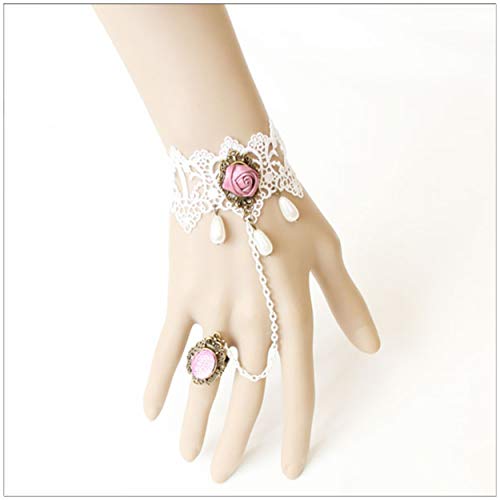 Joyous Gothic Lolita Retro Steampunk Gear Lace Slave Bracelet Wristband Black/White Flower Ring (White-Pink Rose)