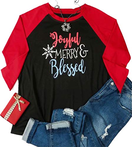 Joyful Merry and Blessed Christmas T Shirt Women Raglan Long Sleeve O-Neck Snowflakes Tee Shirt Tops Size M (Black)