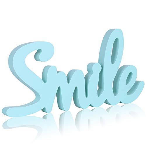 West Beauty Cutout Wood Word Sign Decor, Wood Script Smile Words Decorative Sign Ornament for Desk, Shelf, Cabinet,13.4 x 6.6 inches (Smile)