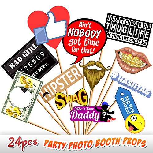 24pc Party Photo Booth Props, Novelty Dress Up Accessories, Decorations for Birthday Parties, Emoji Photo Booth Prop, Hipster Bow Tie, Social Media Like Button, Grillz Teeth, etc.