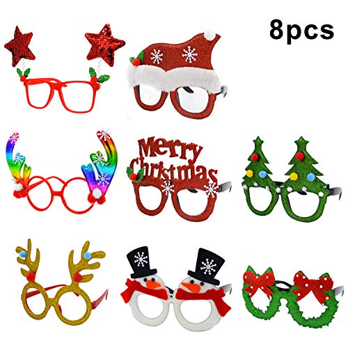 U-Goforst 8 PCS Christmas Holiday Party Fancy Glitter Headband Hats Glasses Frames Reindeer Antlers Photo Prop Booth (8 PCS Xmas Glasses)