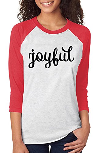 Women Christmas Joyful Snowflake T-Shirt Top Stripe Sleeve Baseball Shirt Size L (Red)