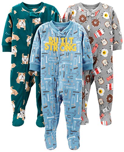 Simple Joys by Carter’s Boys’ 3-Pack Loose Fit Flame Resistant Fleece Footed Pajamas, Bulldogs/Breakfast/Tools, 18 Months