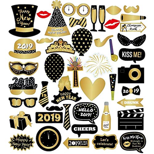 Losuya 2019 New Year Party Photo Booth Props 46pcs Funny Photobooth Props for New Years Eve Party Decoration