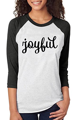 Women Christmas Joyful Snowflake T-Shirt Top Stripe Sleeve Baseball Shirt Size M (Black)