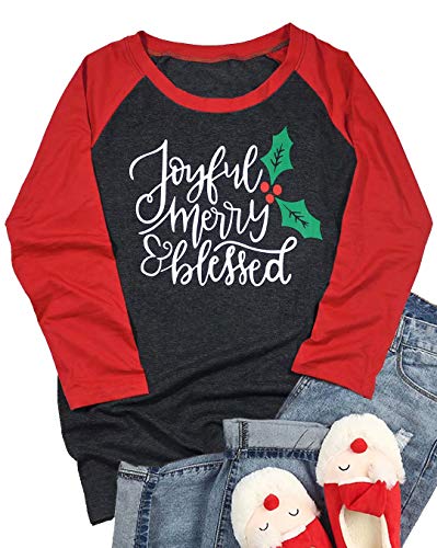 Christmas Tshirt Women Joyful Merry Blessed Letters Printed Raglan 3/4 Sleeve Holiday Celebration Tops Size XXL (Gray)