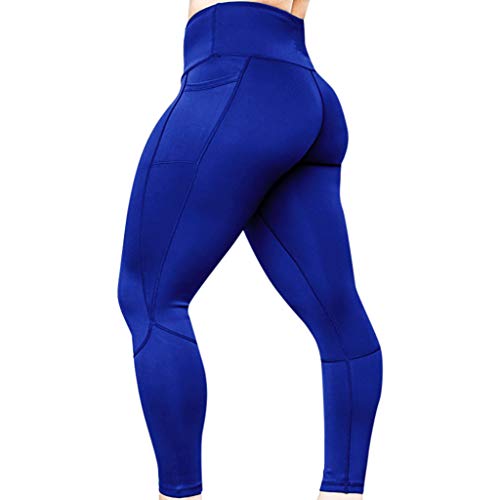 FarJing Women’s High Waist Workout Leggings Fitness Sports Gym Running Yoga Athletic Pants（L,Blue)