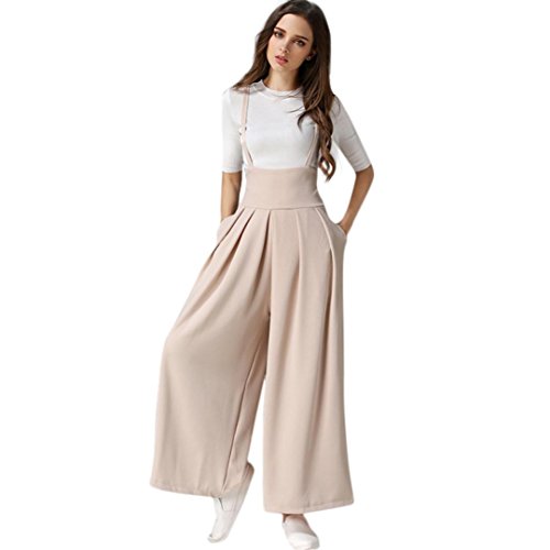 iTLOTL Women Casual Pleated High Waisted Wide Leg Palazzo Pants Suspenders Trousers(Beige ,S)