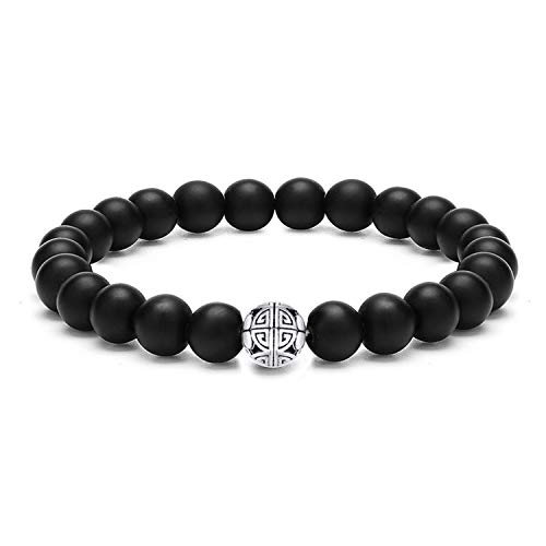 MetJakt Natural 8mm Gemstones Healing Crystal Stretch Beads Bracelet Bangle 925 Silver Double Happiness Pendant (Matte Agate)