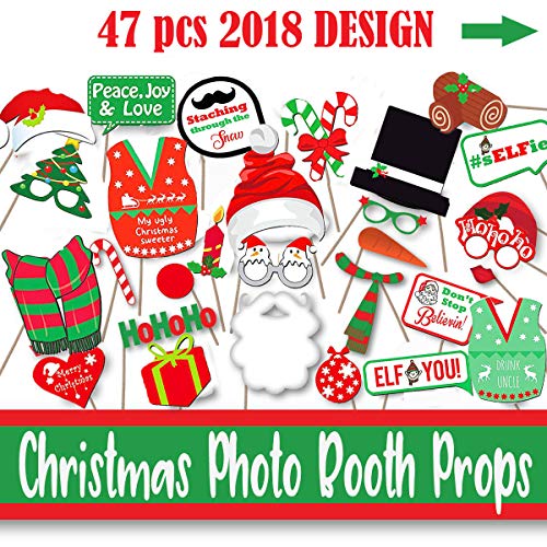 Christmas Party Photo Booth Props Gifts Knit – 47 Ugly Sweater Holiday Backdrops Decorations, Funny Selfie Props for Preschool Family Reunion Kindergarten office Kids Adults Xmas Party Games Favors