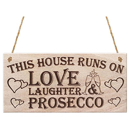 SODIAL(R) This House Runs On Love Laughter & Prosecco Home Decor Funny Poem Hanging Wooden Plaque Sign Gift