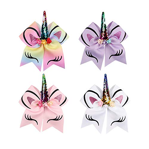 Unicorn Cheer Hair Bows,Girls Bow Hair Ring,4Pcs Elastic Headband Grosgrain Bows for Children’s Kids Girls Birthday Christmas Gift (20cm/8″)