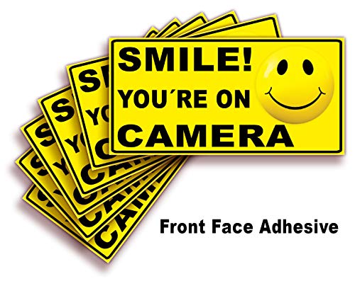 Smile You’re On Camera Signs Stickers – 6 Pack 4×2 Inch – Premium Front Adhesive Vinyl Stickers, UV, Weather, Scratch, Water and Fade Resistance, for applying Inside The Window or Glass Door.